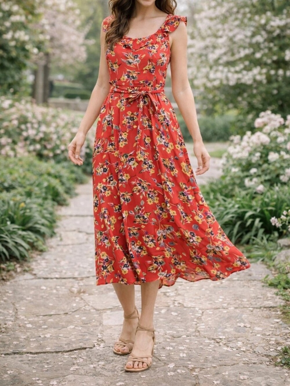 ANTHROPOLOGIE Conversations Midi Dress M Floral Red Belted Limited Edition 47/52